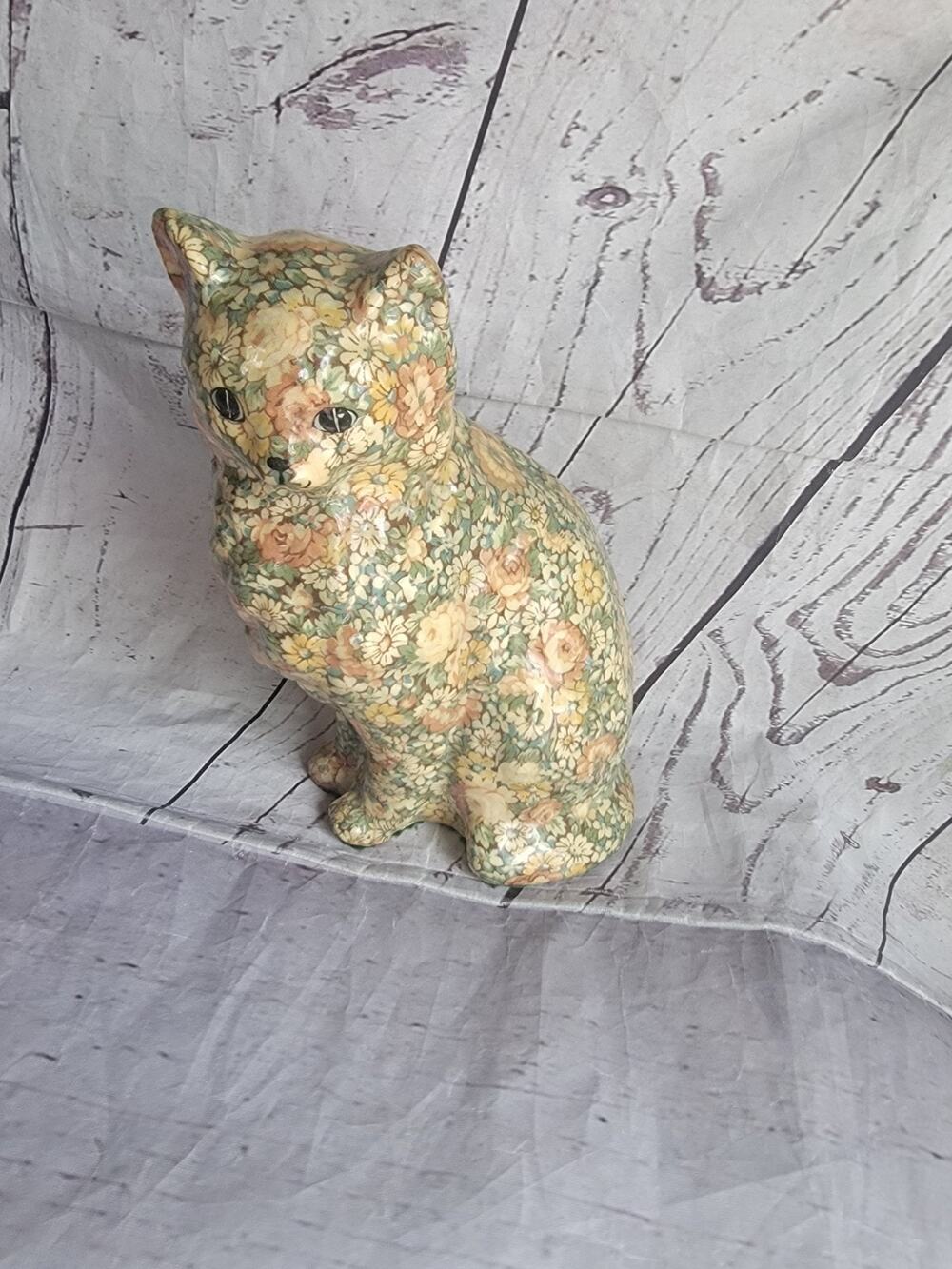 Cat Figurine Vintage Decoupage Floral Folk Art Cottage Core 1960's-1970's READ